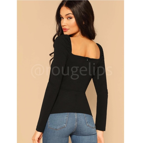 Black Puff Long Sleeve Fitted Sweetheart Neck Shirt - Picture 2 of 6